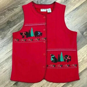 Blair Womens Ugly Christmas vest red with bears and trees. Size med button up